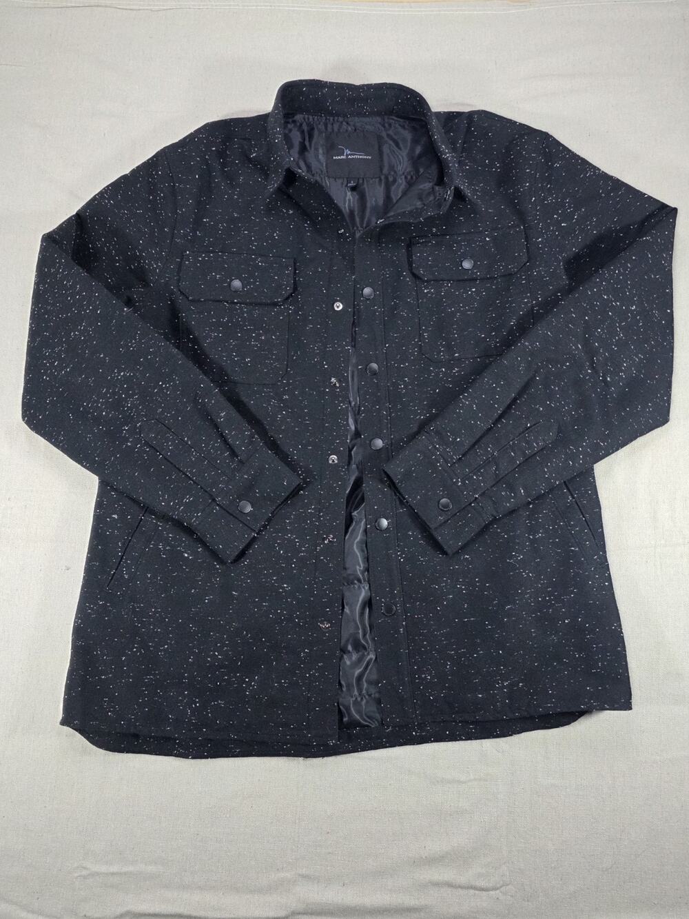 Marc Anthony Mens Large Black Speckled Shirt Jacket Snap Front Wool Blend Coat